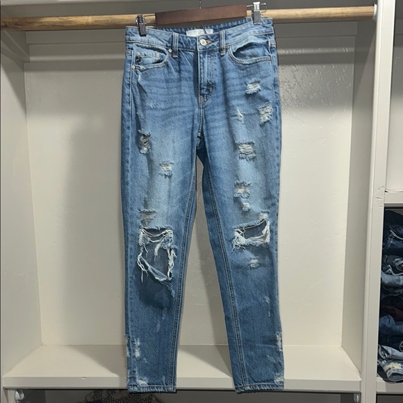 KanCan Blue Boyfriend Jeans with Distressed Details - Picture 1 of 7